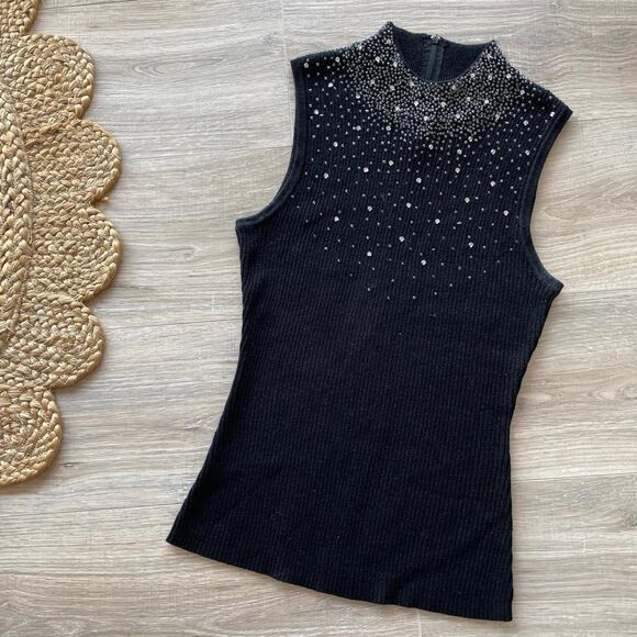 Vintage 90's Embellished Bling Black Sleeveless Knit Tank Shirt Women's Small - Picture 1 of 8
